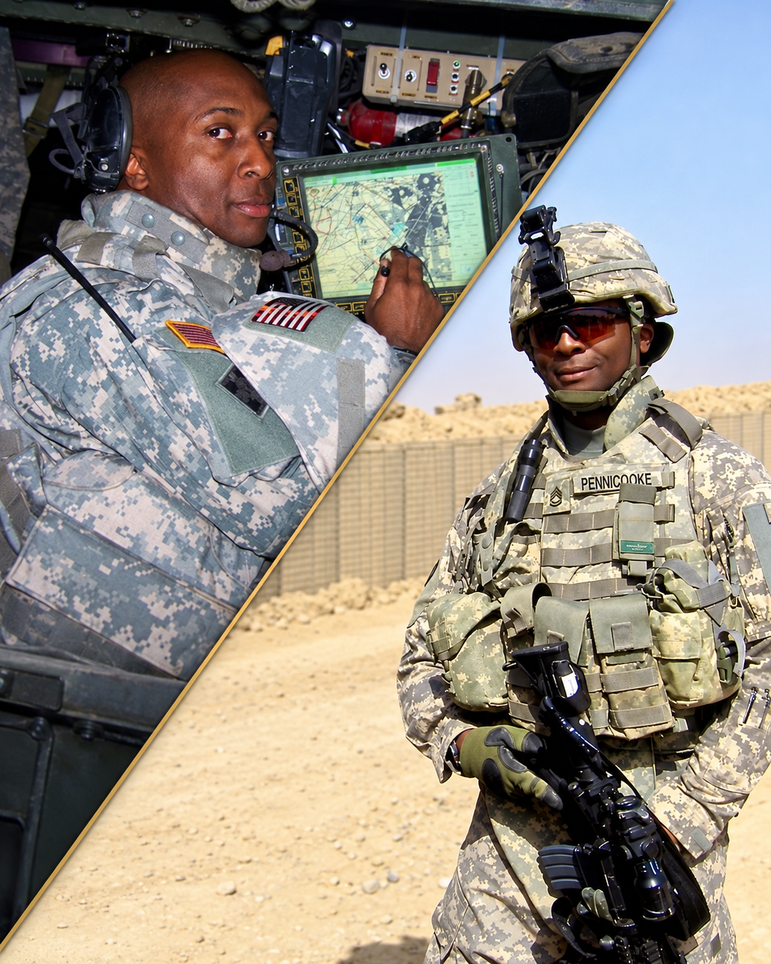 Two photographs of Warren Pennicooke during his service in Iraq: inside a military vehicle and in full tactical gear holding a rifle